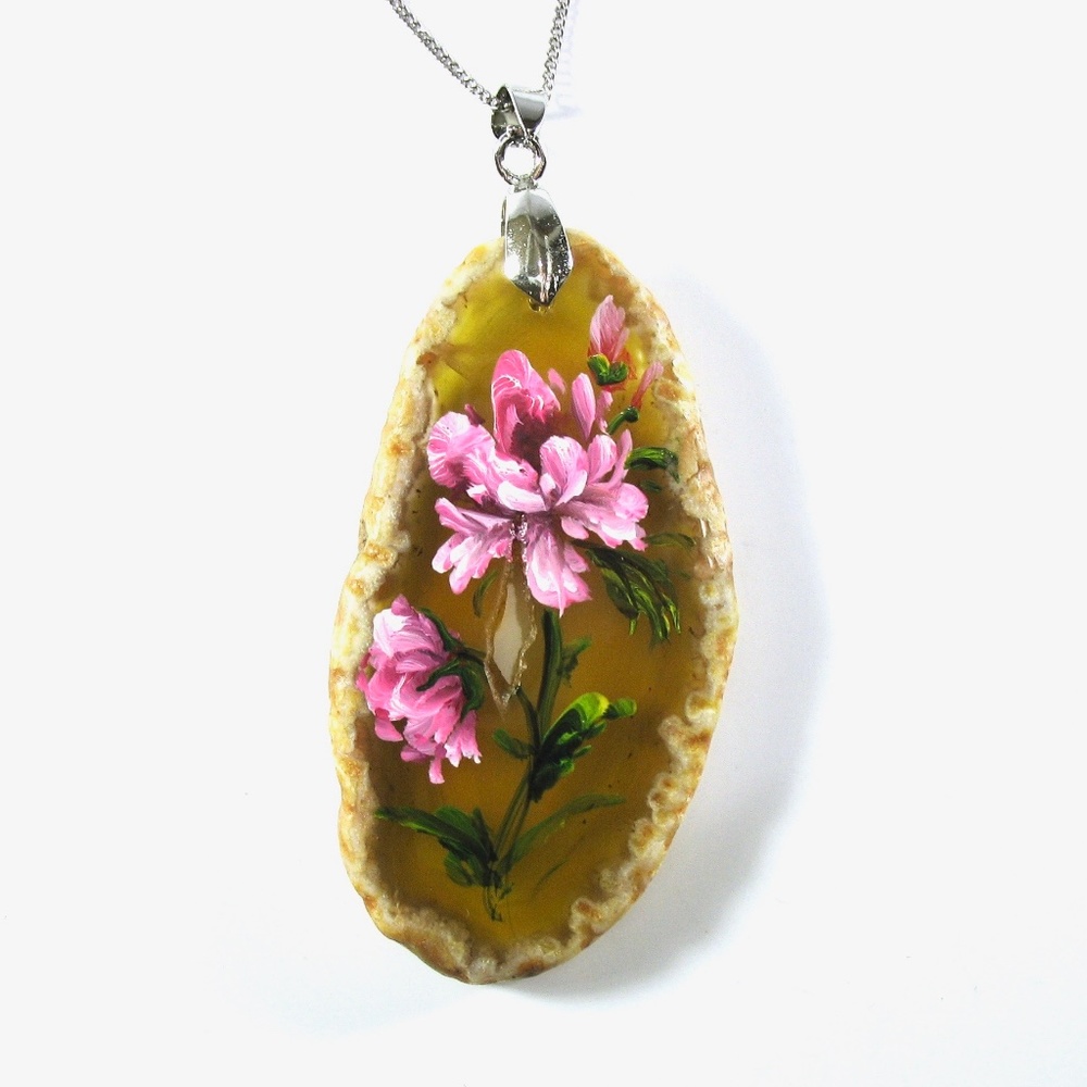 Agate Necklace, Hand-Painted Pendant, Floral